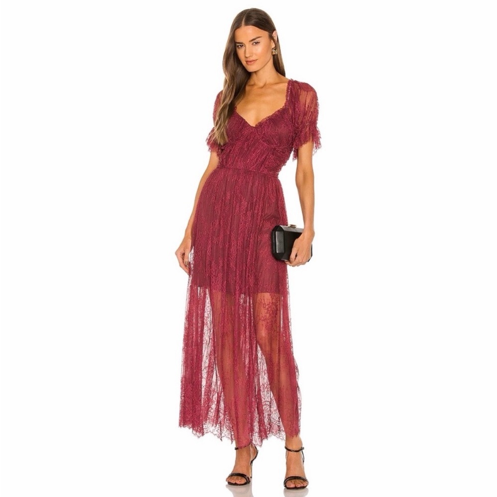 NWOT Free People Dear Jane Lace Embroidered Lace Dress Burgundy Maxi sz 10 boho
